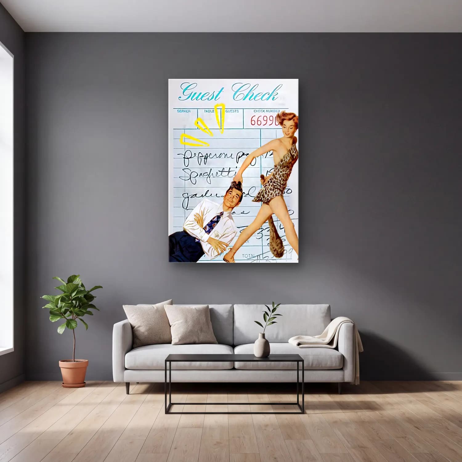 Vintage Poster Dansçılar – Siyah Beyaz Tonlar cam tablo — gri duvarlı salonda
