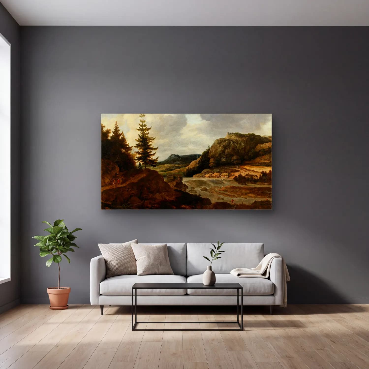 Allaert van Everdingen – A Mountainous River Landscape with Travellers (About 1660) cam tablo — gri duvarlı salonda