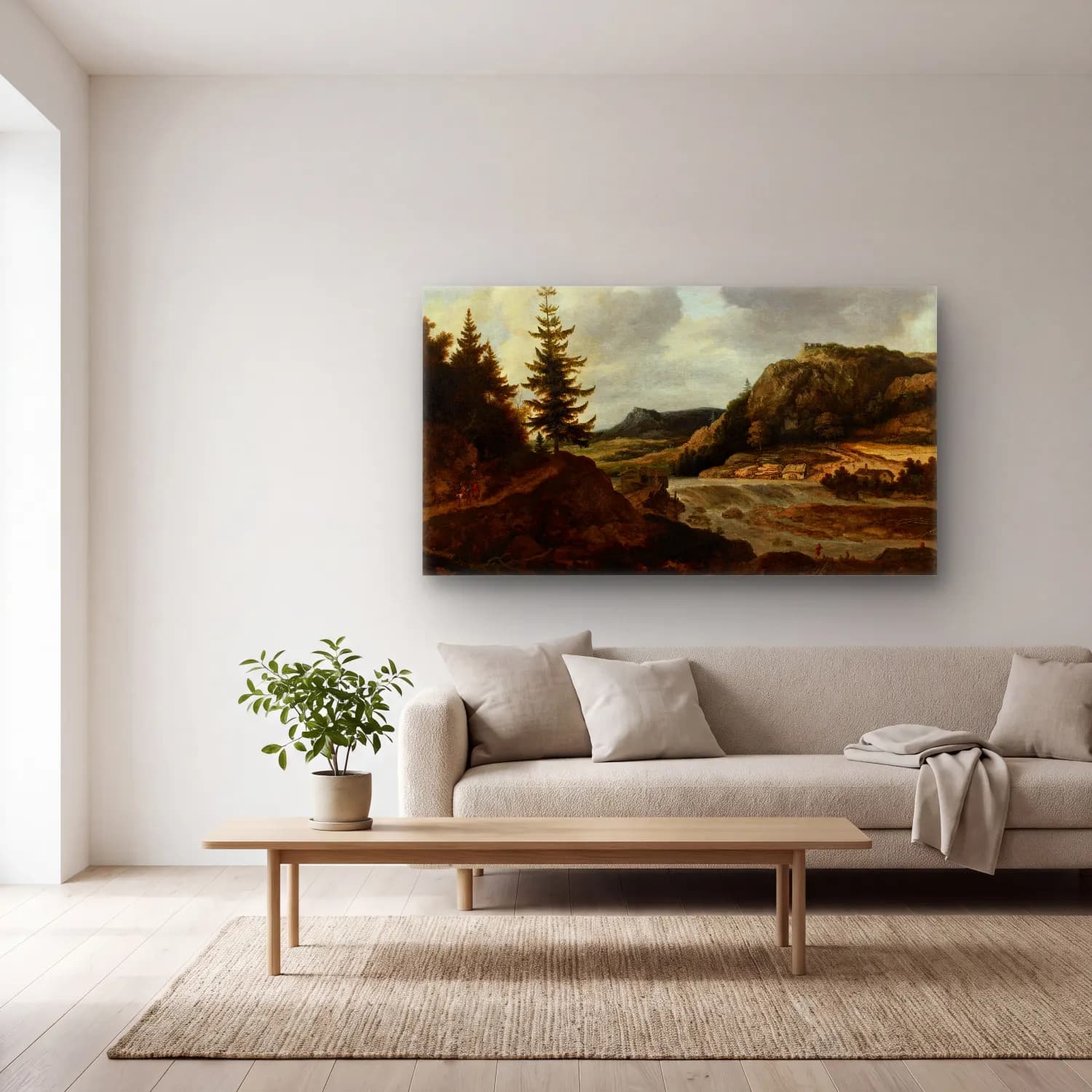 Allaert van Everdingen – A Mountainous River Landscape with Travellers (About 1660) cam tablo — açık renk salonda