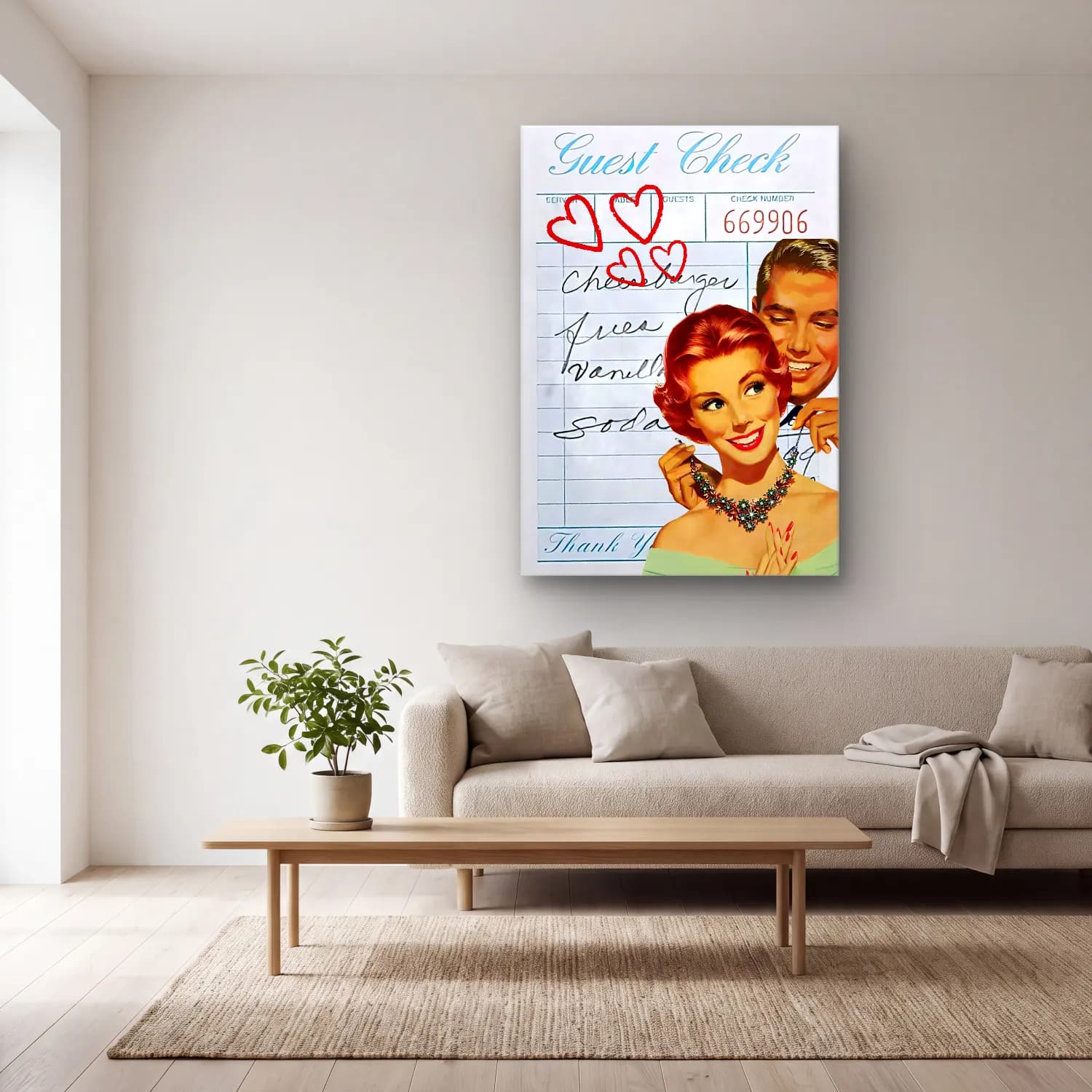 Vintage Poster Aşıklar No. 24 cam tablo — açık renk salonda