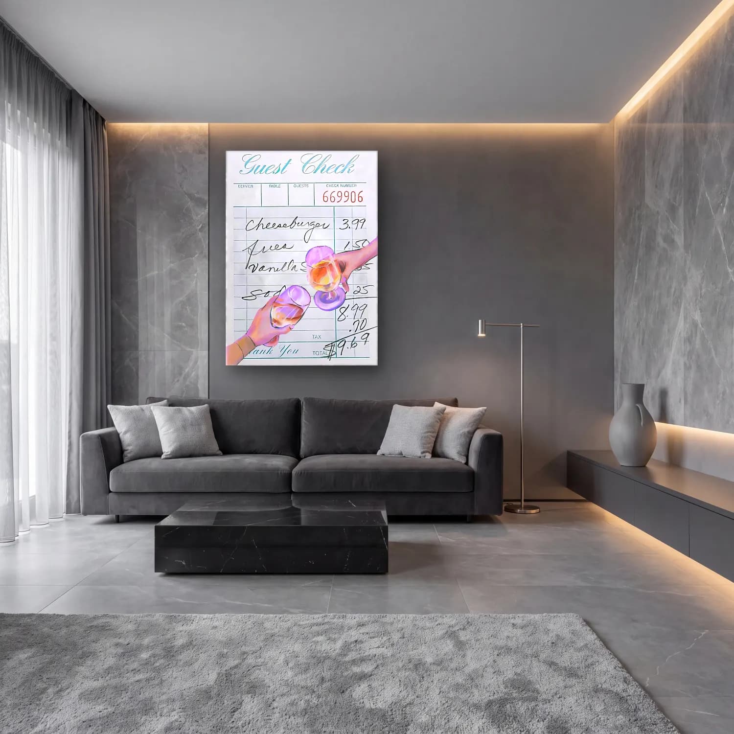 Pastel Kadeh Şarap No. 4 cam tablo — lüks salon duvarında