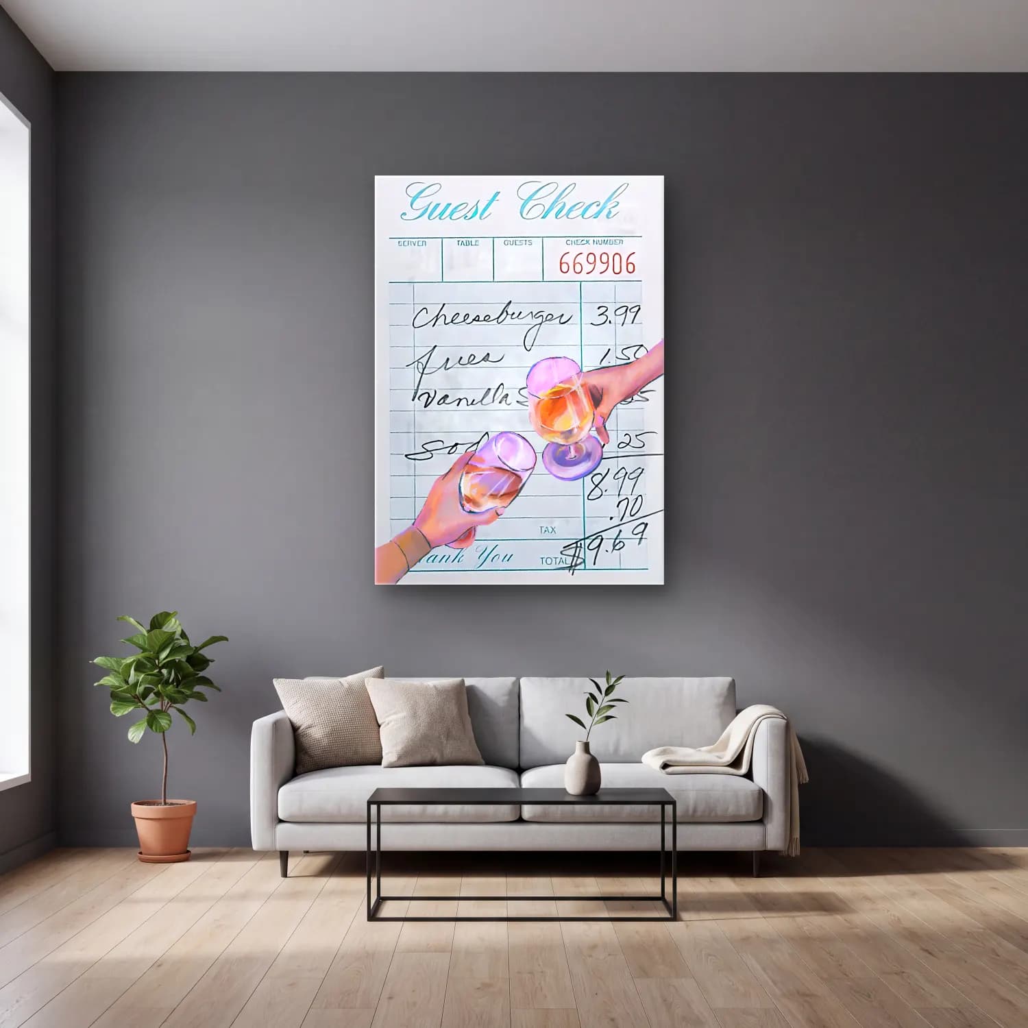 Pastel Kadeh Şarap No. 4 cam tablo — gri duvarlı salonda