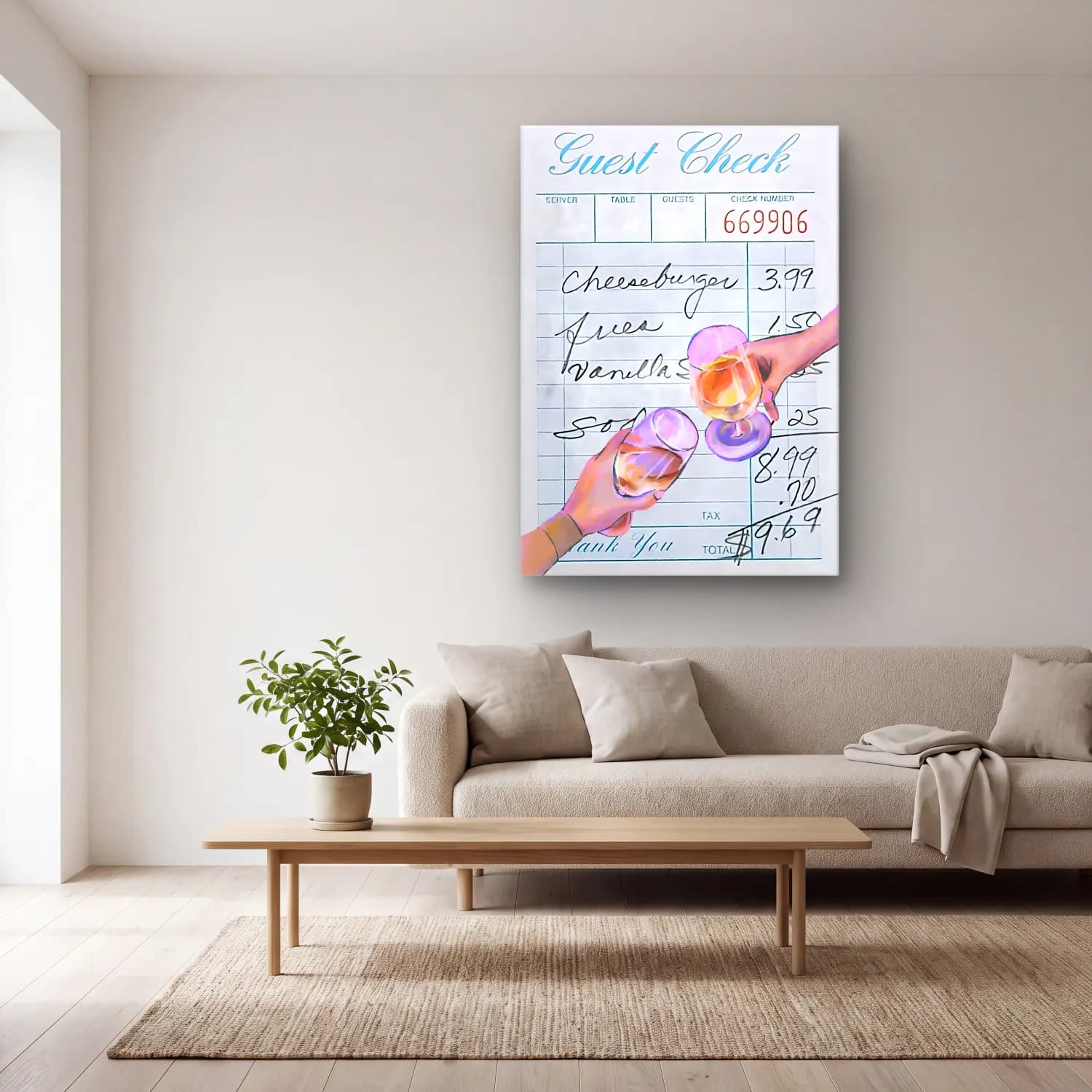 Pastel Kadeh Şarap No. 4 cam tablo — açık renk salonda