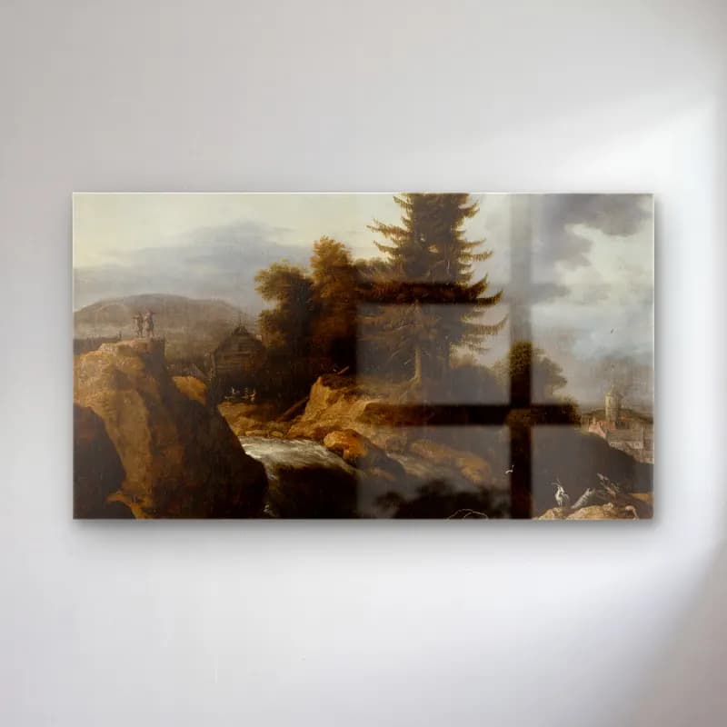 Allaert van Everdingen – Landscape with Waterfall (ca 1650-1660) cam tablo — Allaert van Everdingen – Landscape with Waterfall (ca 1650-1660) — yağlı boya kırda nehir