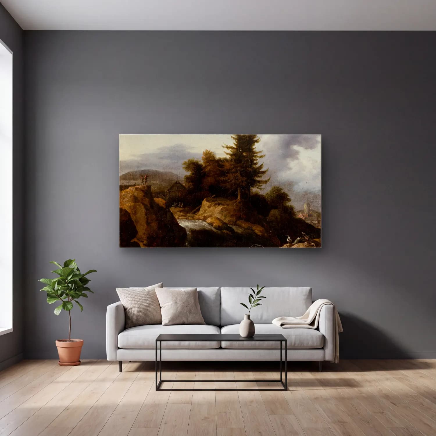 Allaert van Everdingen – Landscape with Waterfall (ca 1650-1660) cam tablo — gri duvarlı salonda