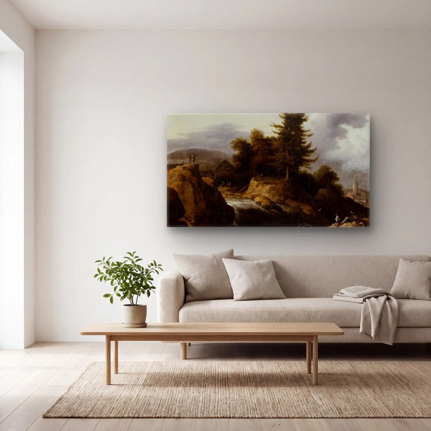 Allaert van Everdingen – Landscape with Waterfall (ca 1650-1660) cam tablo — açık renk salonda