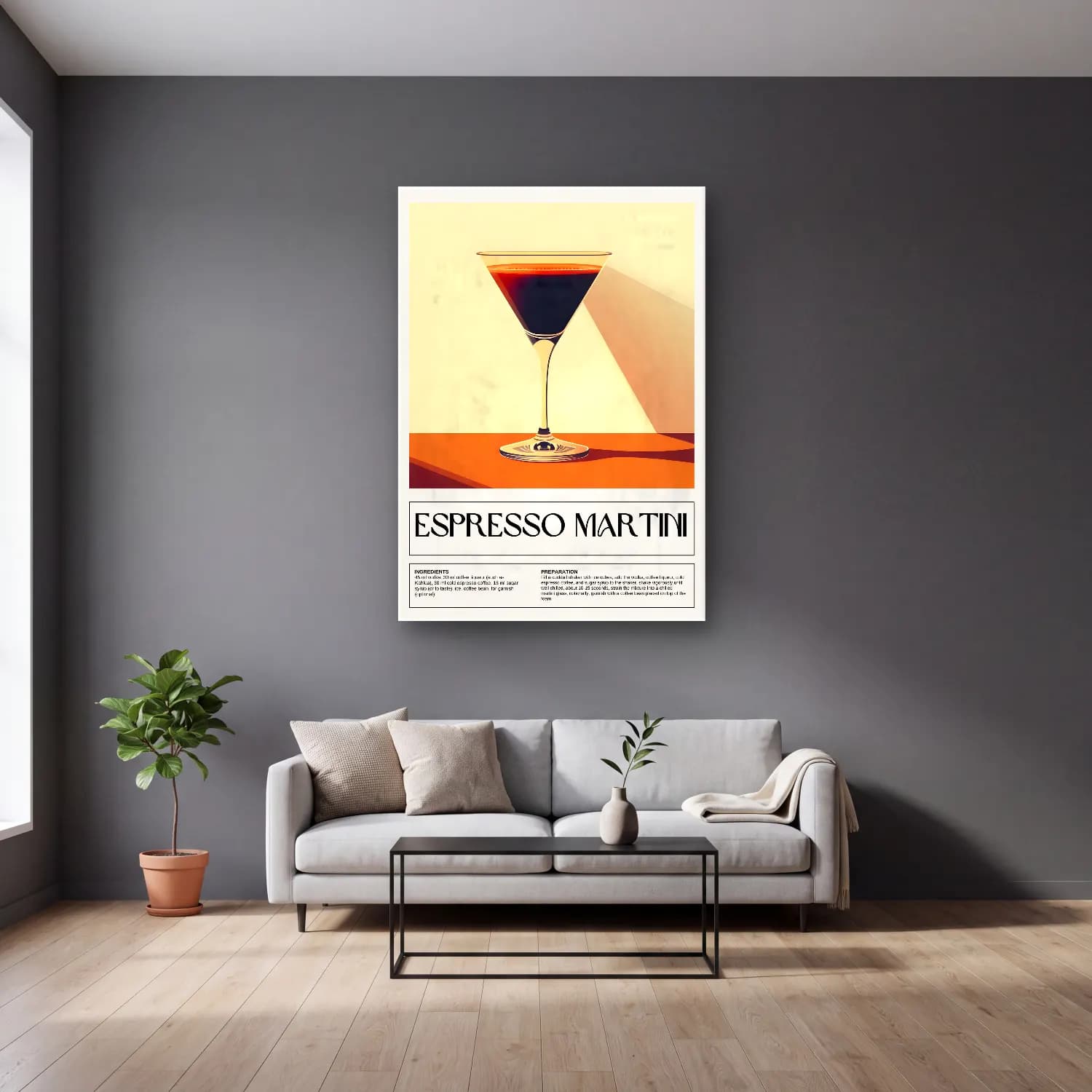 Vintage Poster Kokteyl – Siyah Beyaz Tonlar cam tablo — gri duvarlı salonda