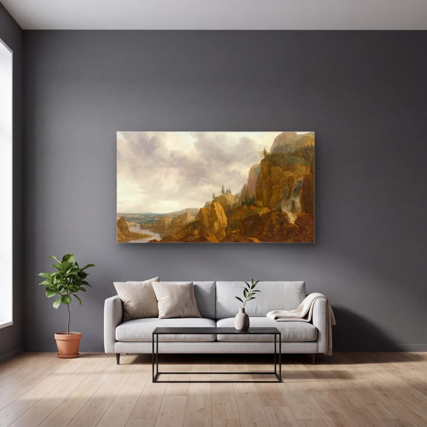 Allaert van Everdingen – Northern Mountain Landscape with Waterfall cam tablo — gri duvarlı salonda