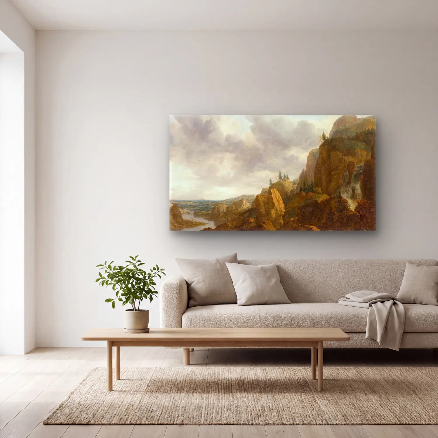 Allaert van Everdingen – Northern Mountain Landscape with Waterfall cam tablo — açık renk salonda