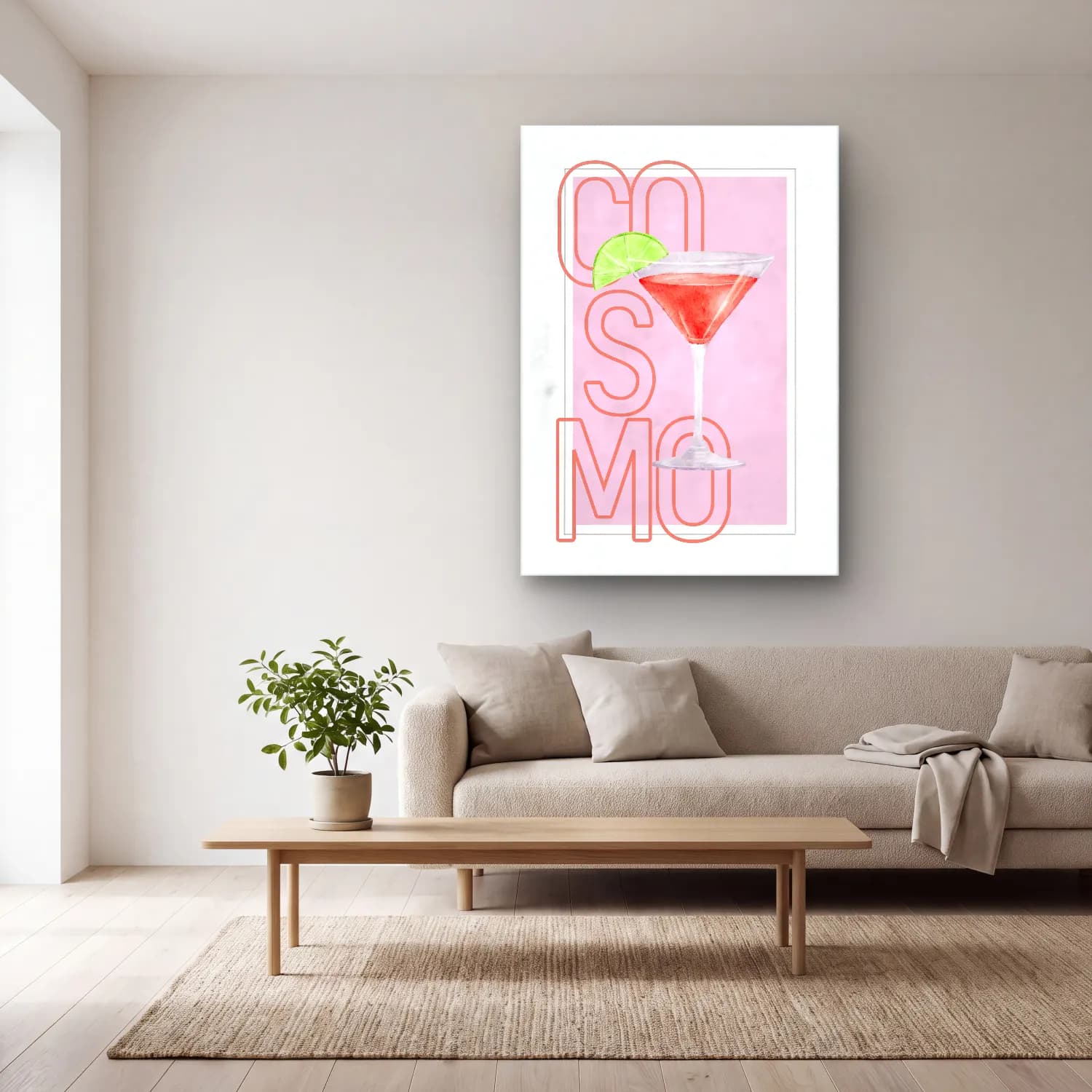 Pastel Kokteyl No. 8 cam tablo — açık renk salonda