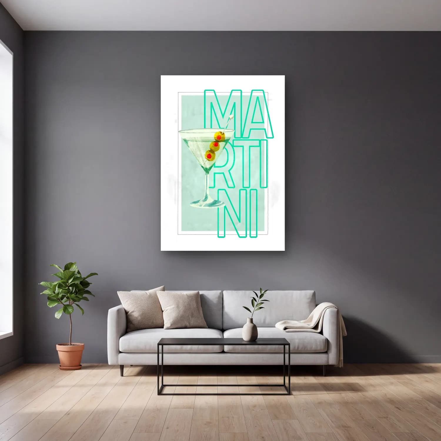 Vintage Poster Kokteyl No. 11 cam tablo — gri duvarlı salonda