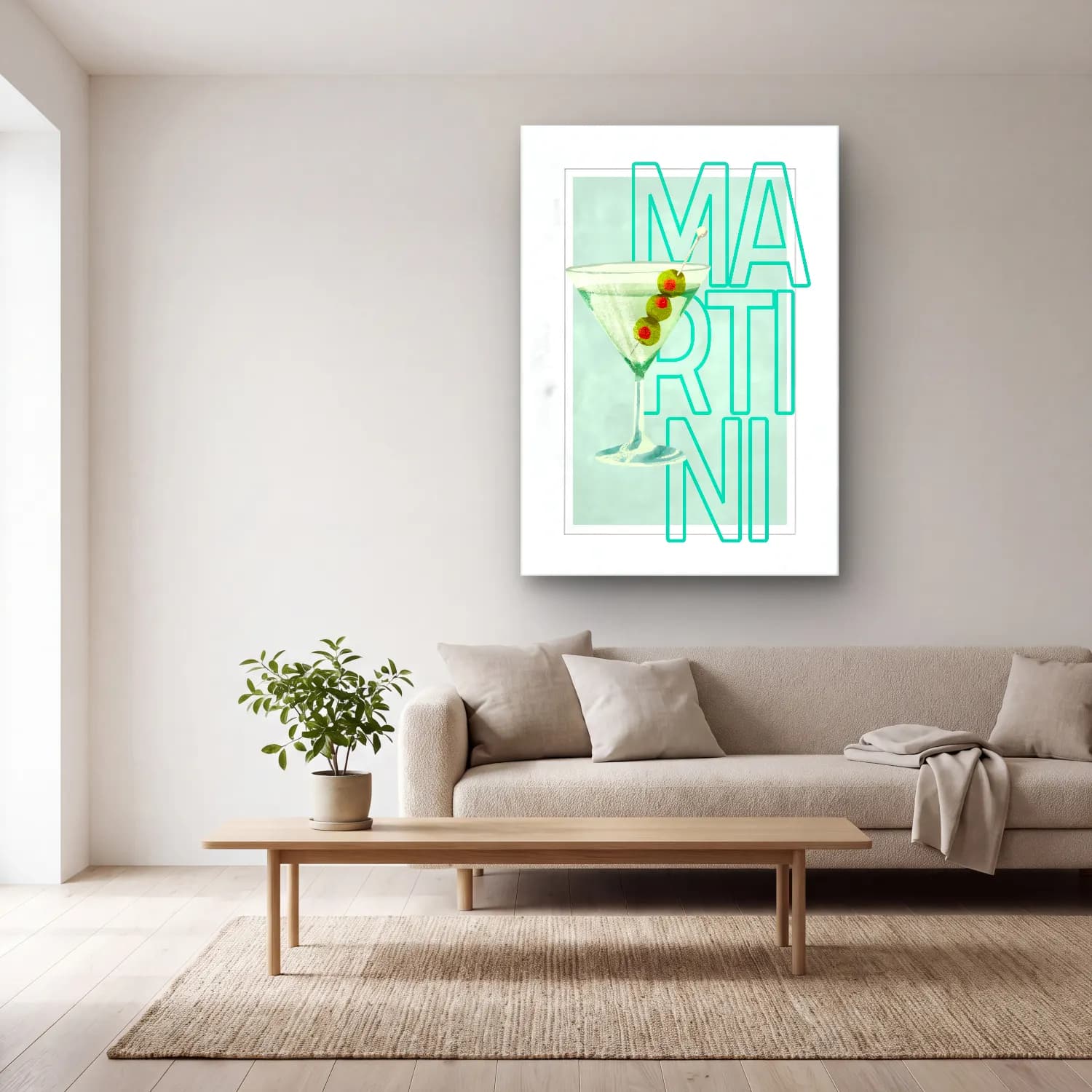 Vintage Poster Kokteyl No. 11 cam tablo — açık renk salonda