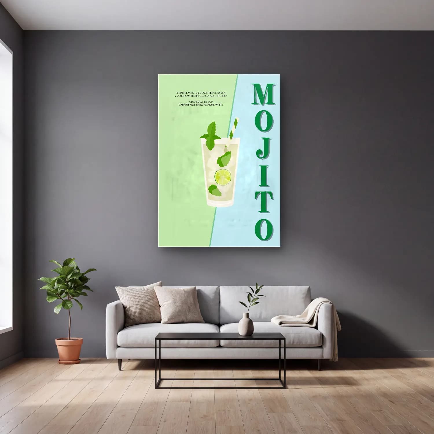 Vintage Poster Kokteyl No. 12 cam tablo — gri duvarlı salonda