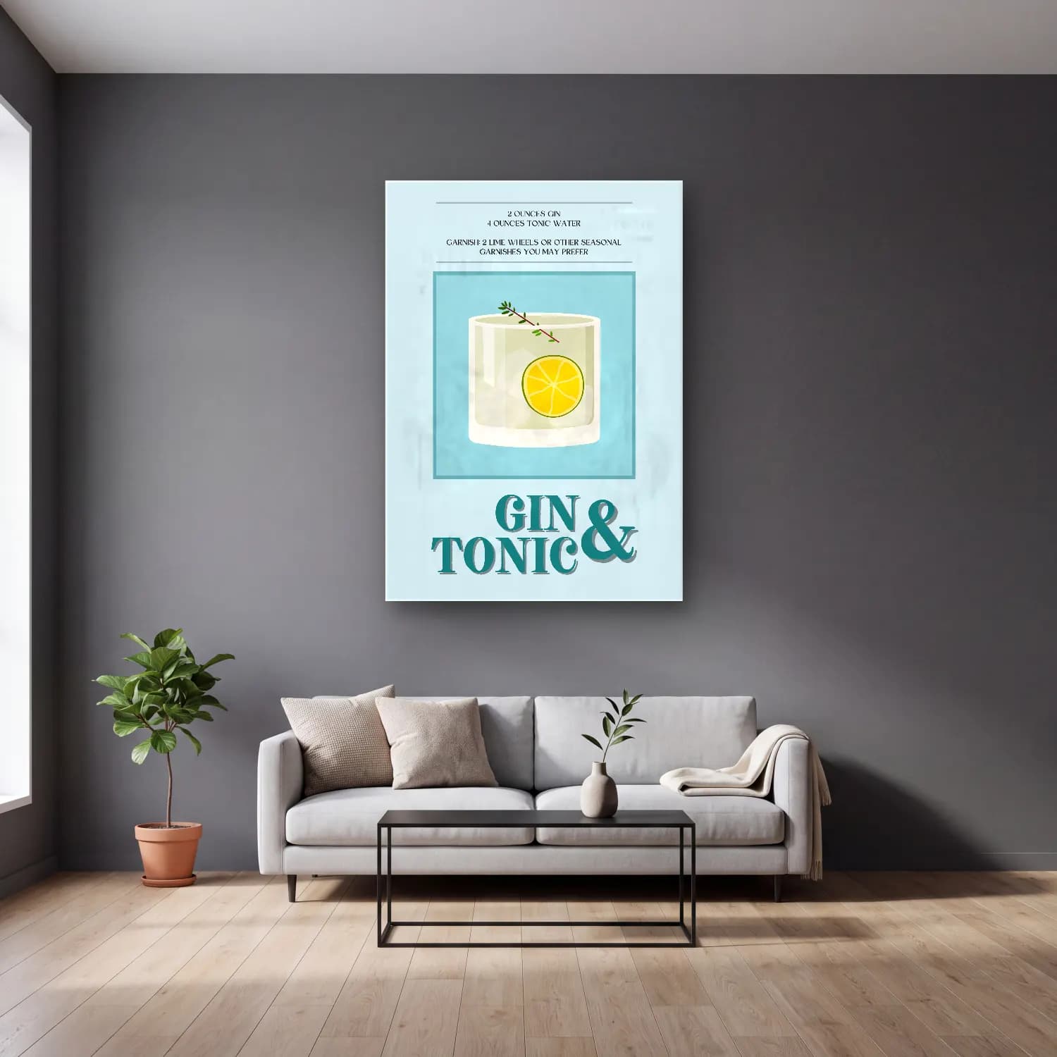 Vintage Poster Kokteyl – Pastel Tonlar cam tablo — gri duvarlı salonda