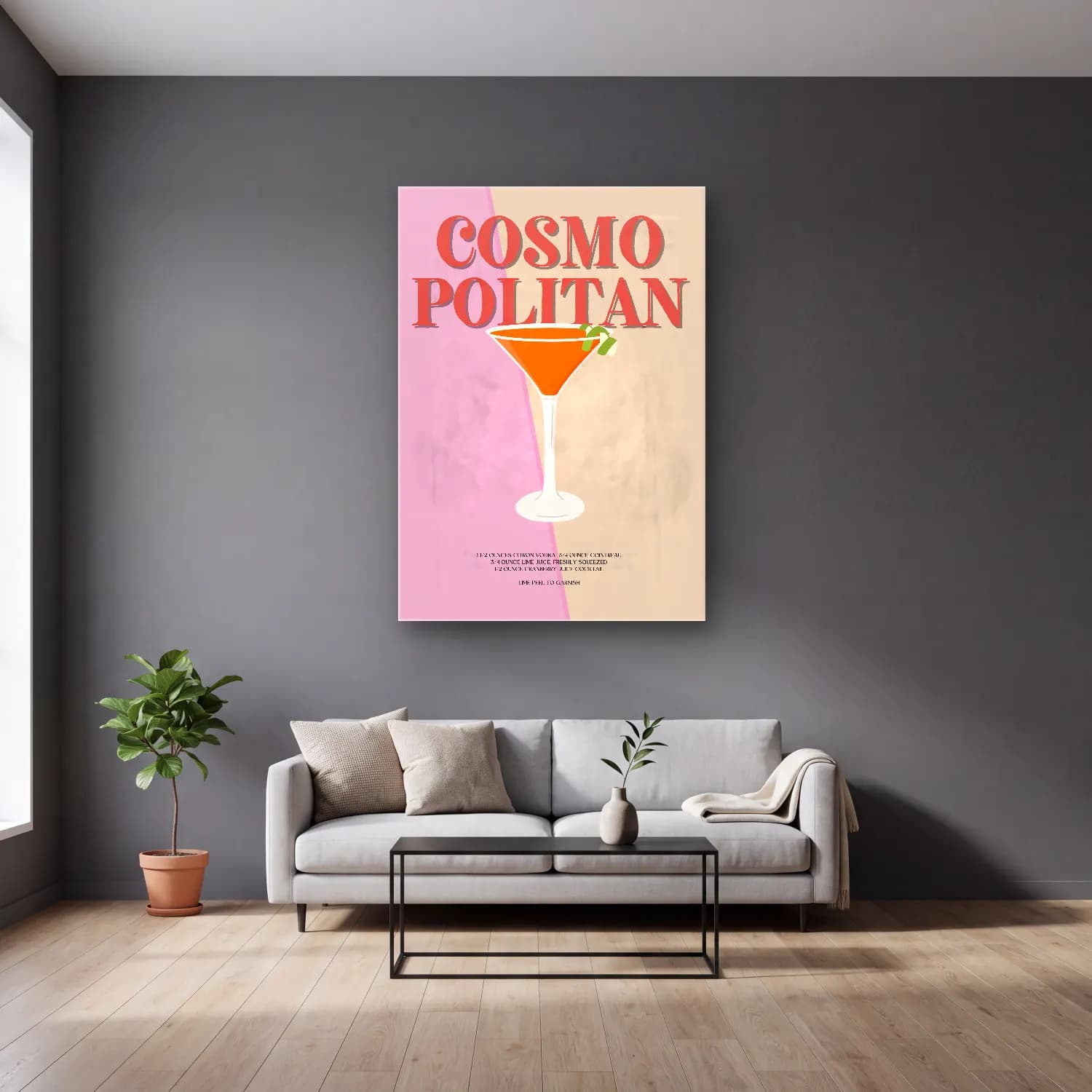 Vintage Poster Kokteyl No. 14 cam tablo — gri duvarlı salonda