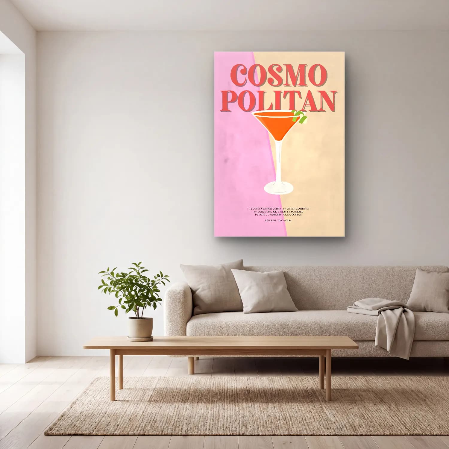 Vintage Poster Kokteyl No. 14 cam tablo — açık renk salonda
