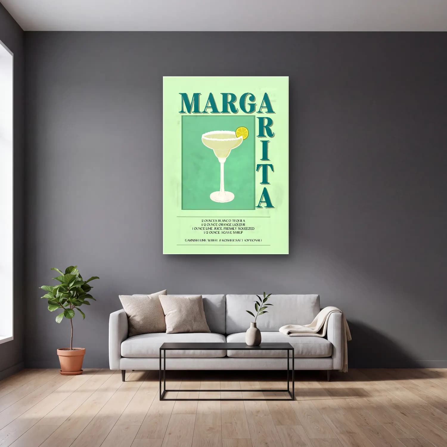 Vintage Poster Kokteyl No. 15 cam tablo — gri duvarlı salonda