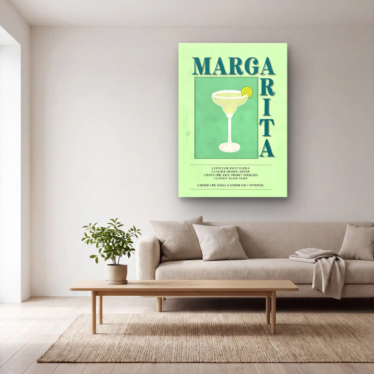 Vintage Poster Kokteyl No. 15 cam tablo — açık renk salonda