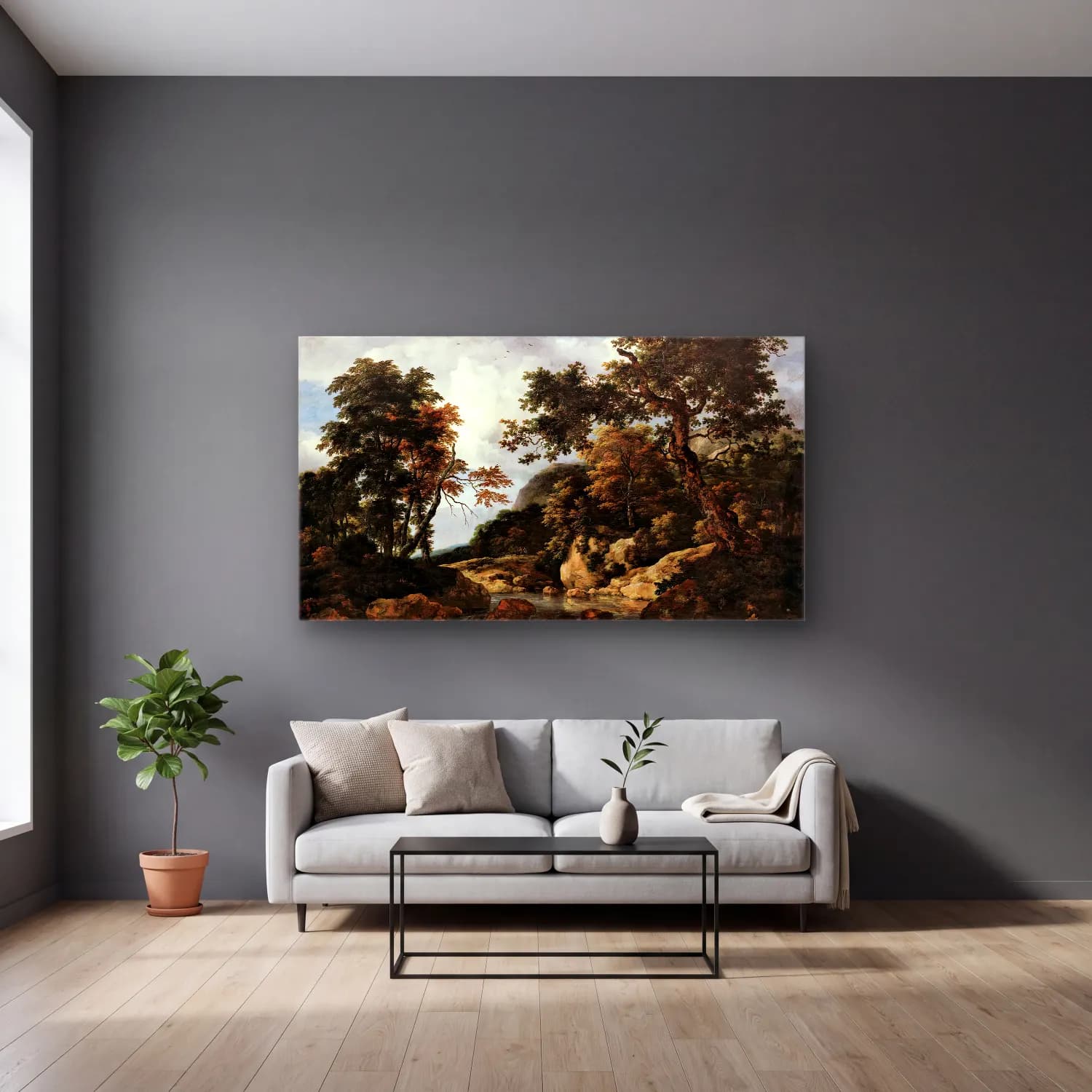 Jacob Isaackszon van Ruisdael – The Forest Stream cam tablo — gri duvarlı salonda