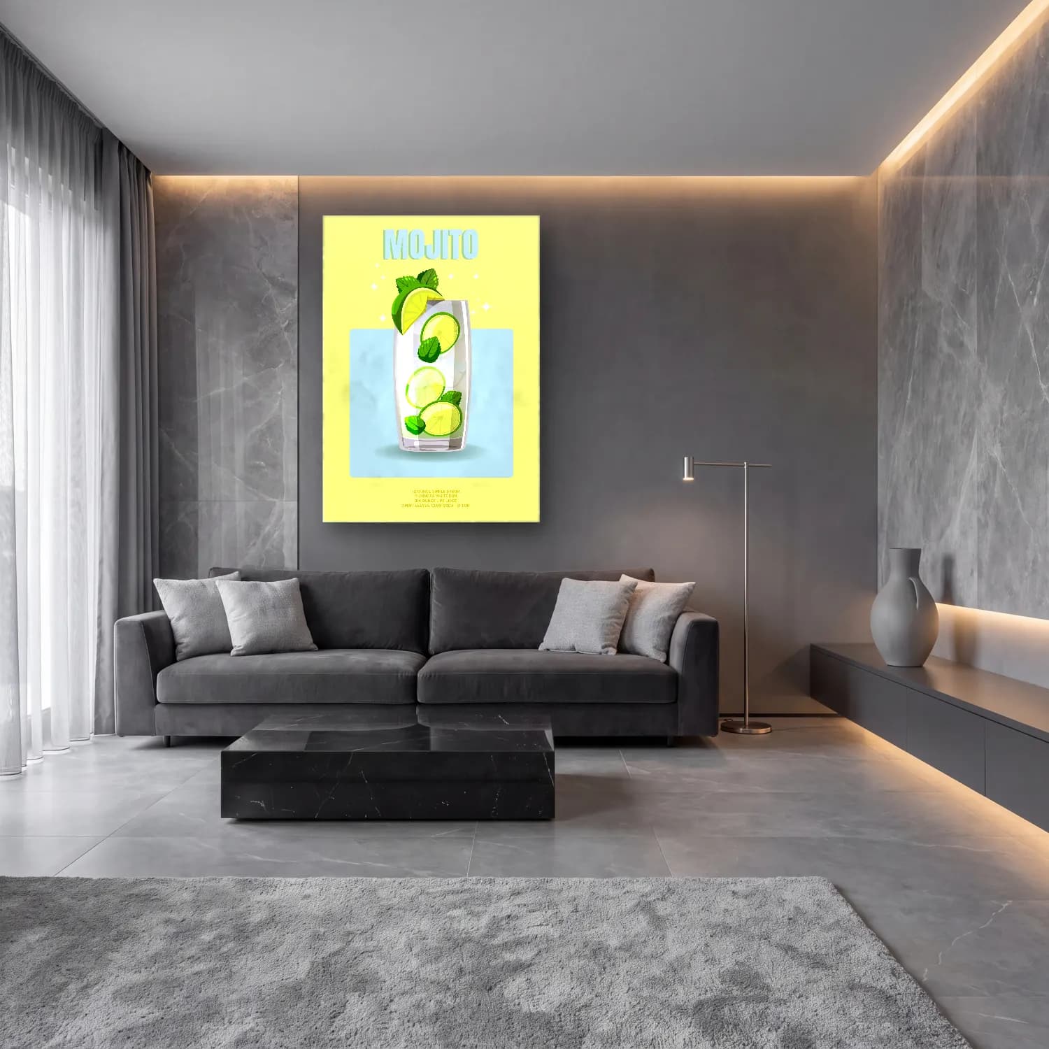 Sevimli İllüstrasyon Kokteyl No. 6 cam tablo — lüks salon duvarında