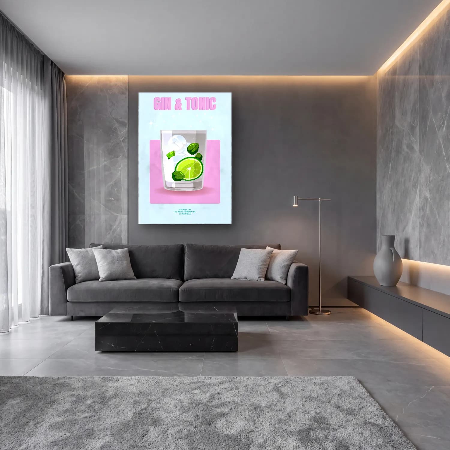 Sevimli İllüstrasyon Kokteyl No. 7 cam tablo — lüks salon duvarında