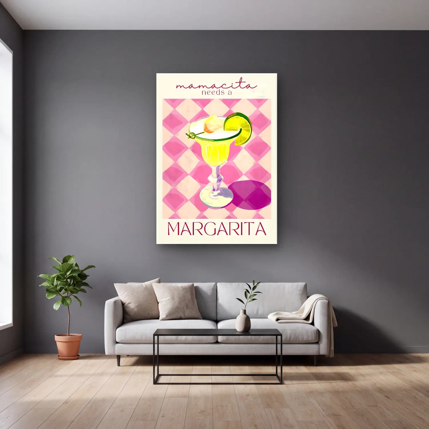 Pastel Kokteyl No. 10 cam tablo — gri duvarlı salonda