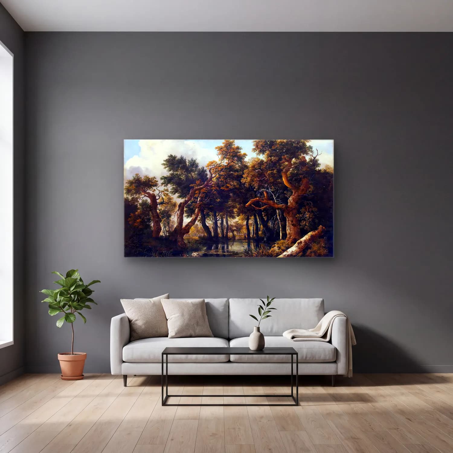 Jacob Isaackszon van Ruisdael – The Marsh in a Forest cam tablo — gri duvarlı salonda