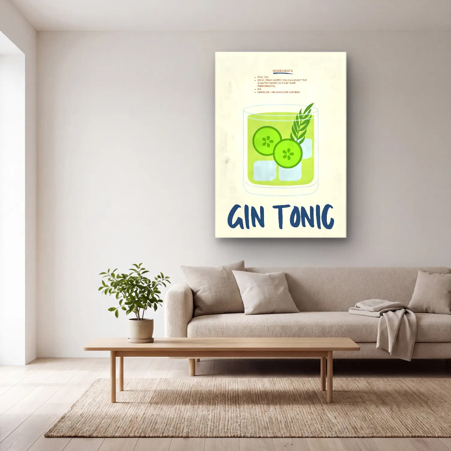 Vintage Poster Kokteyl No. 19 cam tablo — açık renk salonda