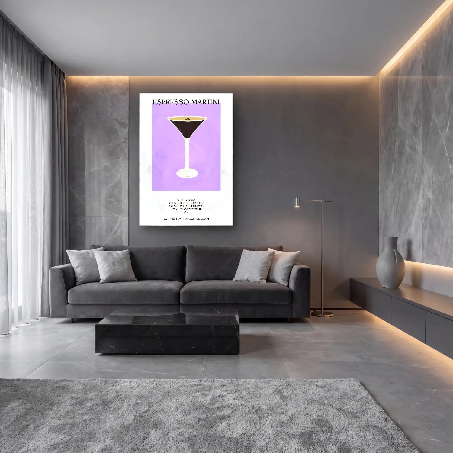 Pop Art Kokteyl – Siyah Beyaz Tonlar cam tablo — lüks salon duvarında