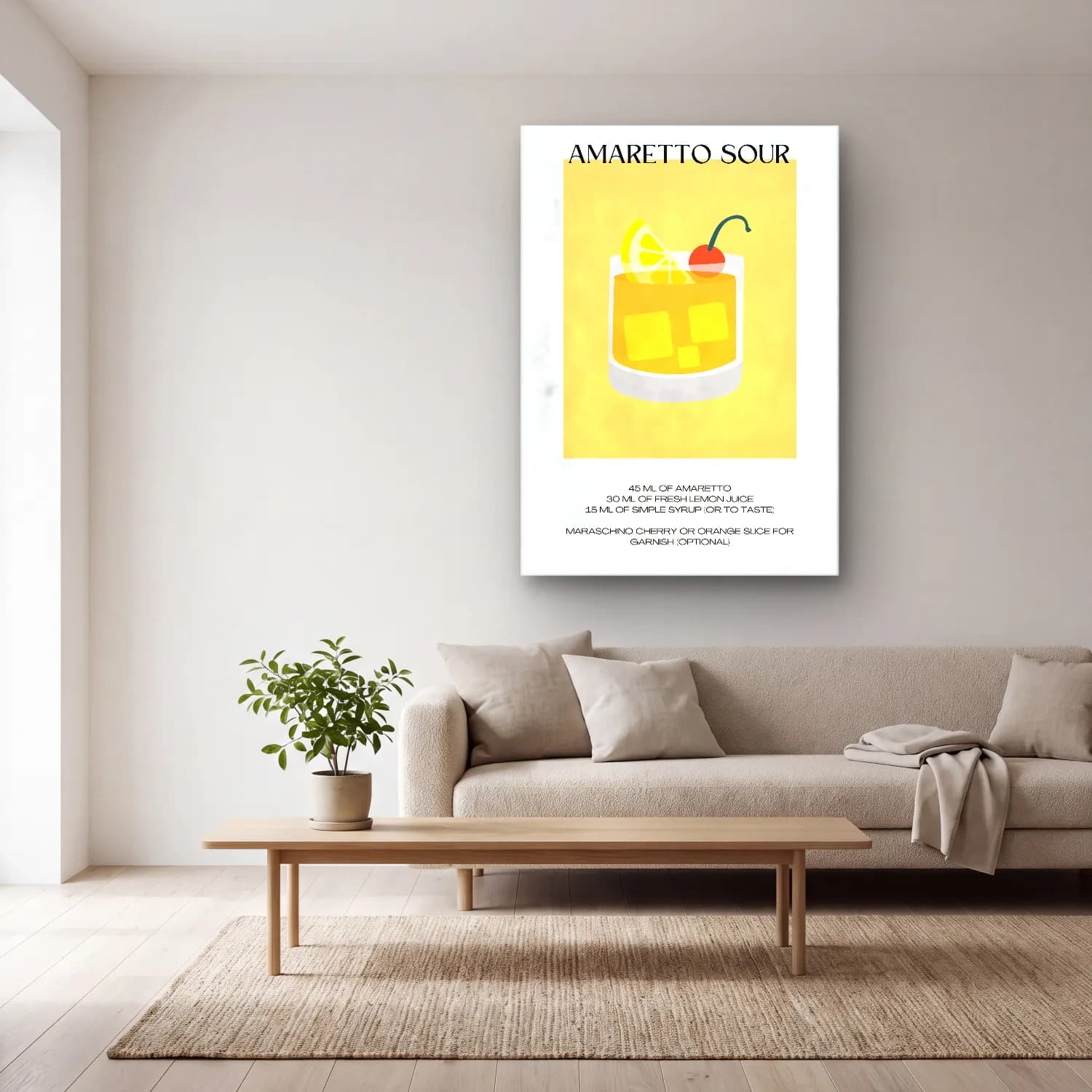 Pop Art Kokteyl No. 5 cam tablo — açık renk salonda