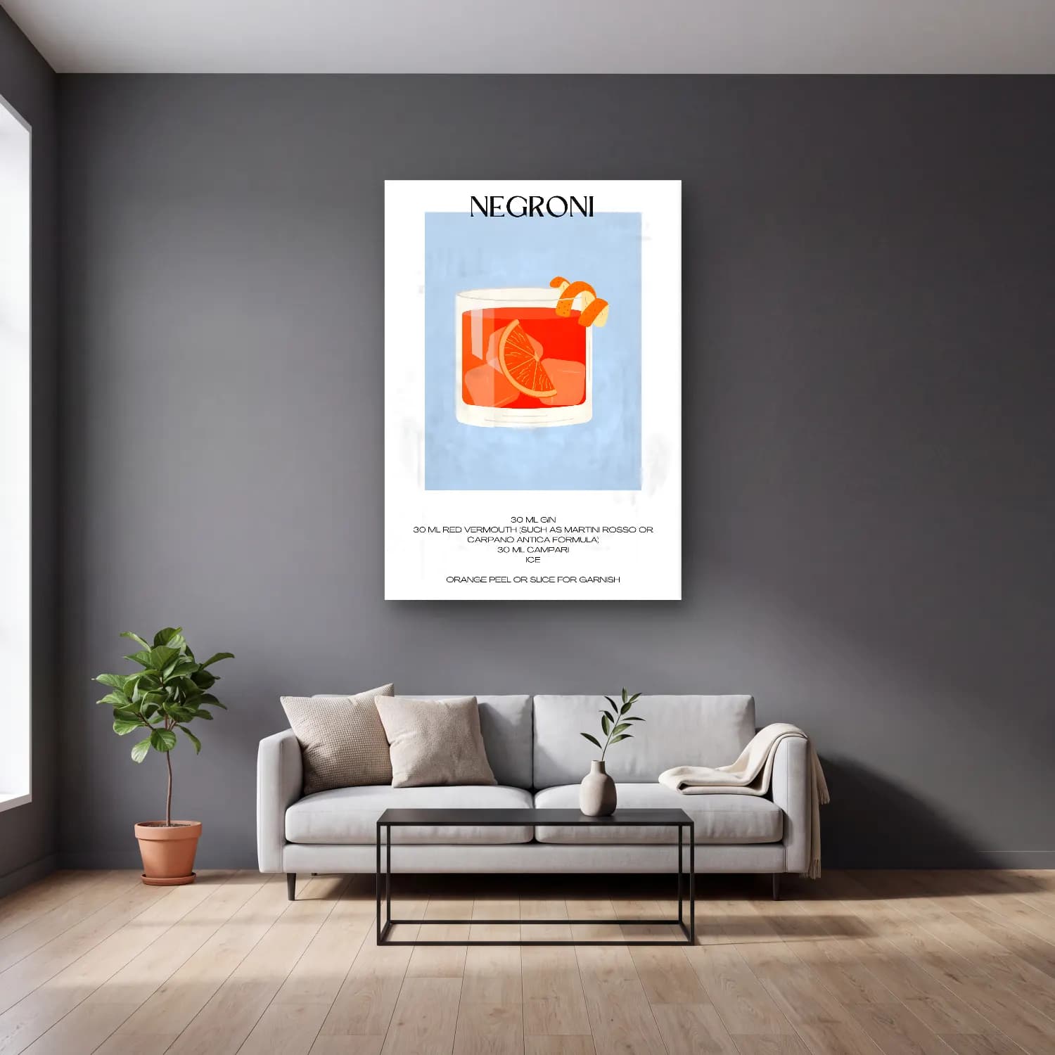 Pop Art Kokteyl No. 7 cam tablo — gri duvarlı salonda