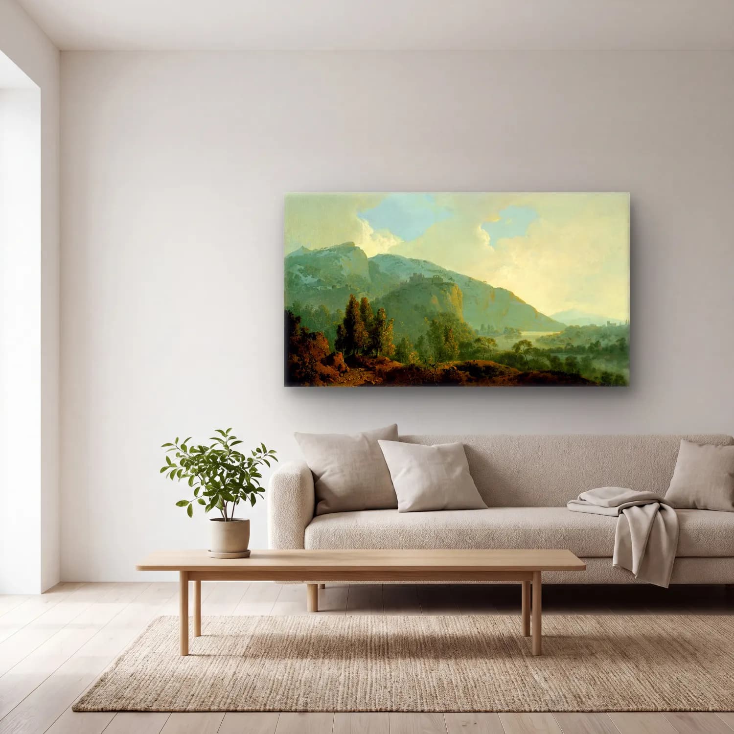Joseph Wright – Italian Landscape with Mountains and a River (circa 1790) cam tablo — açık renk salonda