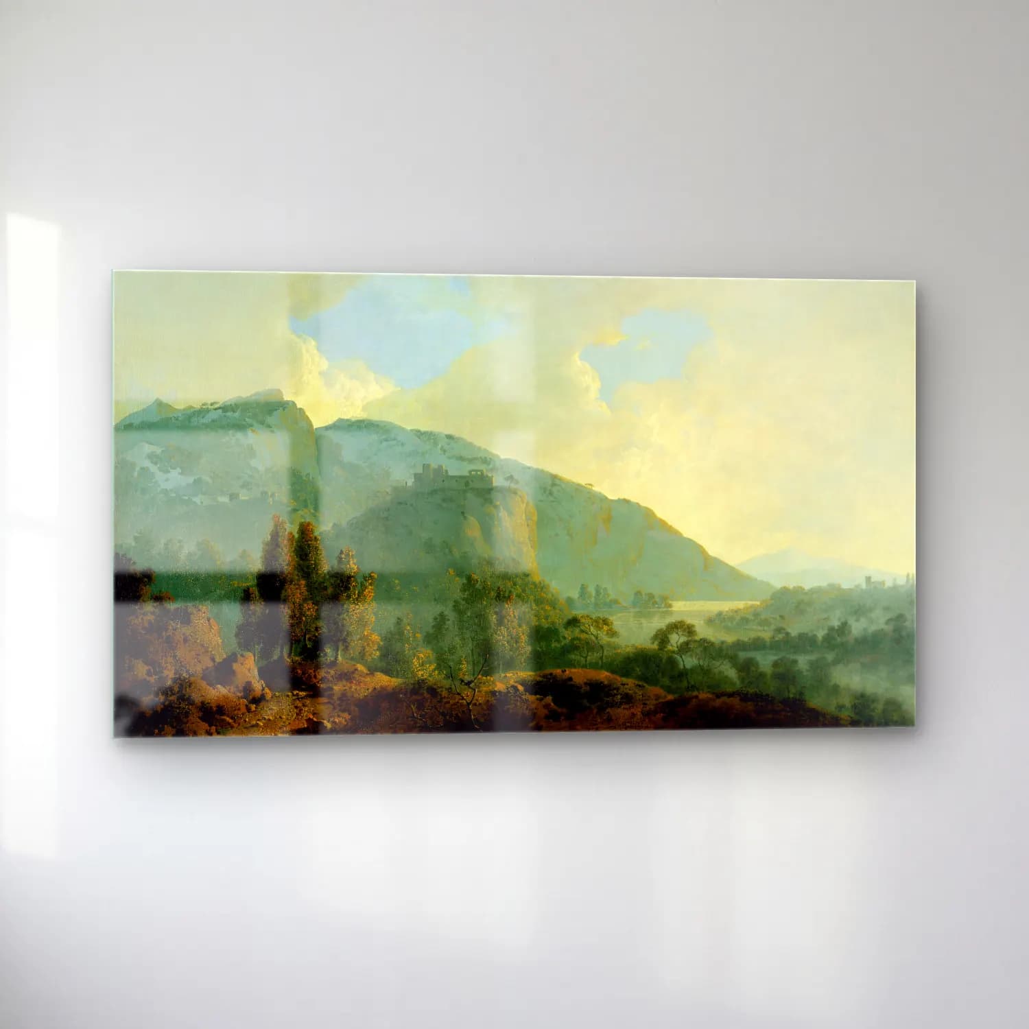 Joseph Wright – Italian Landscape with Mountains and a River (circa 1790) cam tablo — sol açıdan görünüm