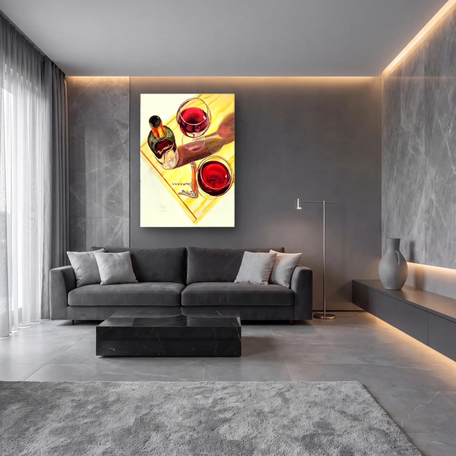 Yağlı Boya Kadeh Şarap No. 7 cam tablo — lüks salon duvarında