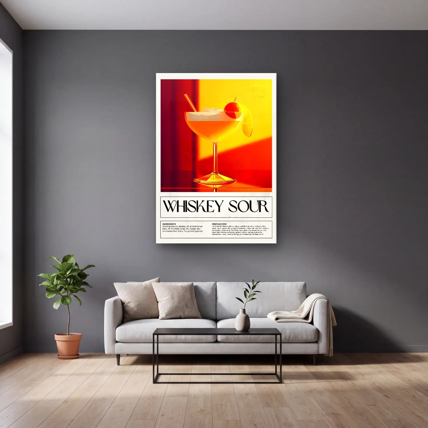 Vintage Poster Kokteyl No. 23 cam tablo — gri duvarlı salonda