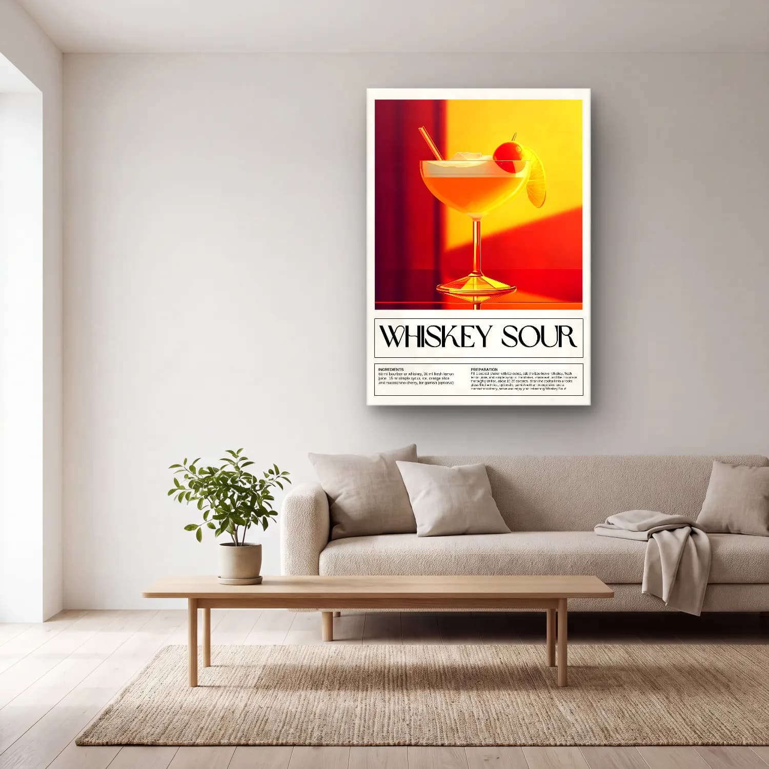 Vintage Poster Kokteyl No. 23 cam tablo — açık renk salonda