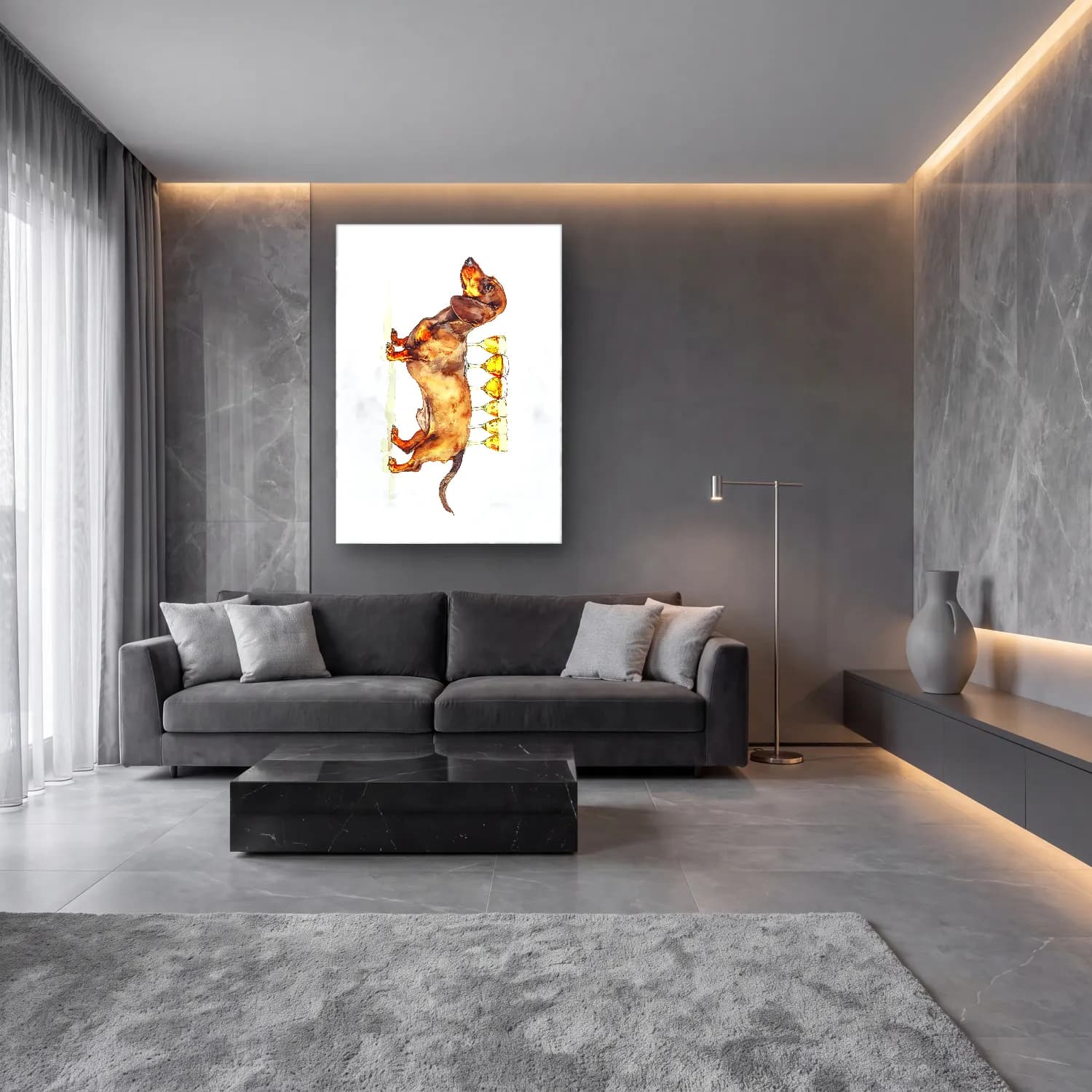 Suluboya Köpek – Sarı Tonlar cam tablo — lüks salon duvarında