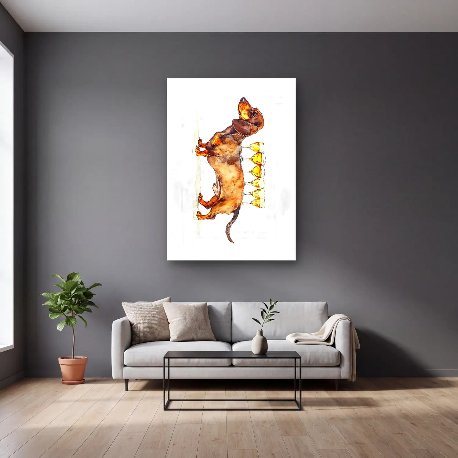 Suluboya Köpek – Sarı Tonlar cam tablo — gri duvarlı salonda