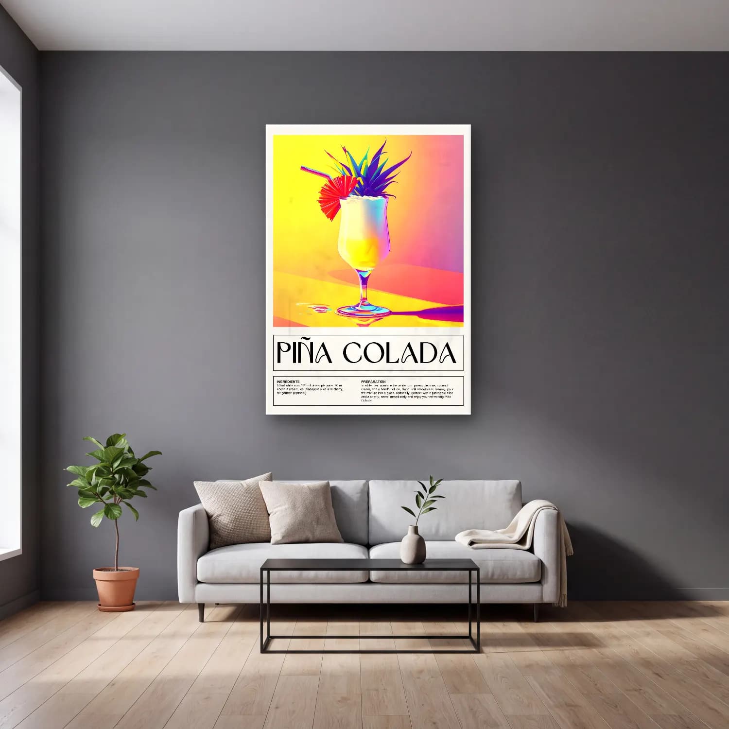 Vintage Poster Kokteyl No. 27 cam tablo — gri duvarlı salonda