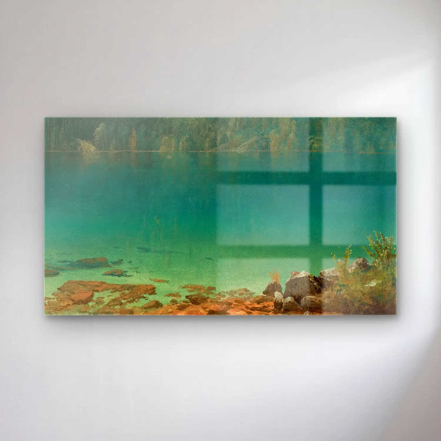 Albert Bierstadt – Lake Scene cam tablo — Albert Bierstadt – Lake Scene — yağlı boya göl ve dağlar
