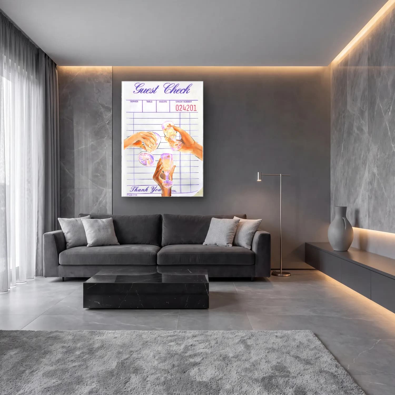 Pastel Kokteyl No. 17 cam tablo — lüks salon duvarında