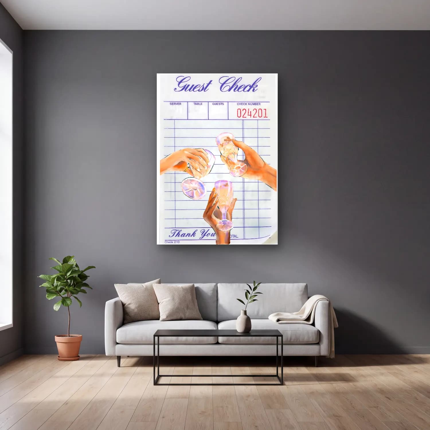 Pastel Kokteyl No. 17 cam tablo — gri duvarlı salonda