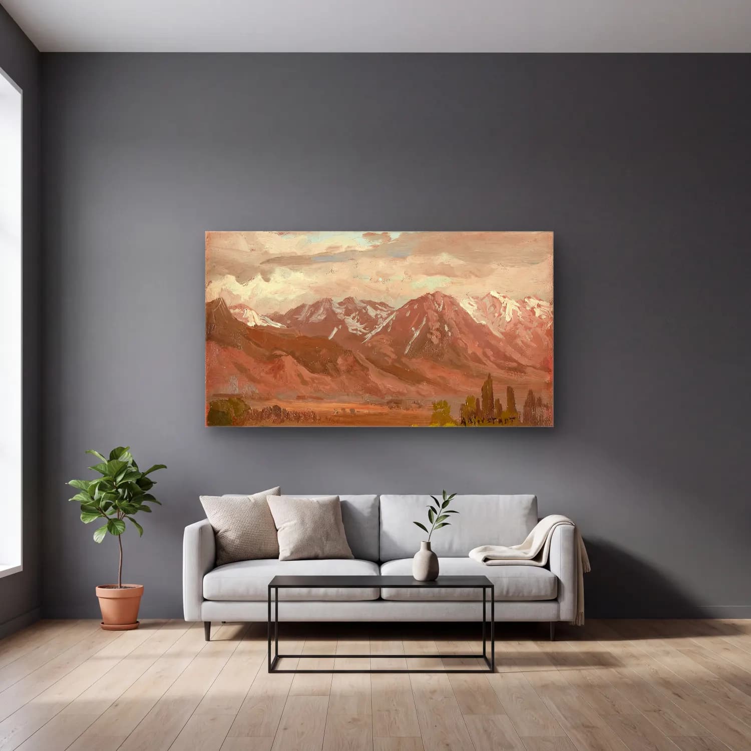 Albert Bierstadt – Montana Landscape cam tablo — gri duvarlı salonda