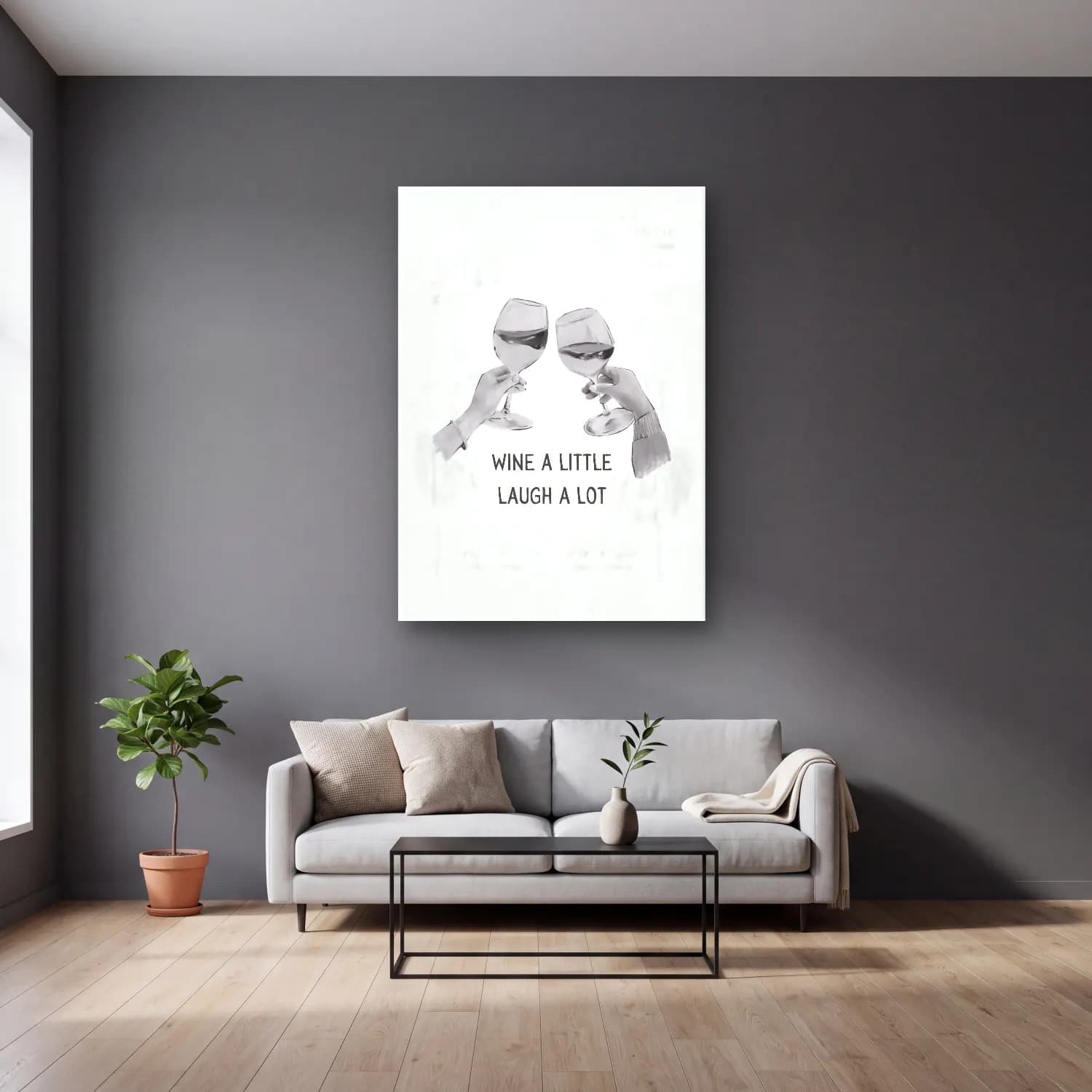 Siyah Beyaz Kadeh Şarap – Siyah Beyaz Tonlar cam tablo — gri duvarlı salonda
