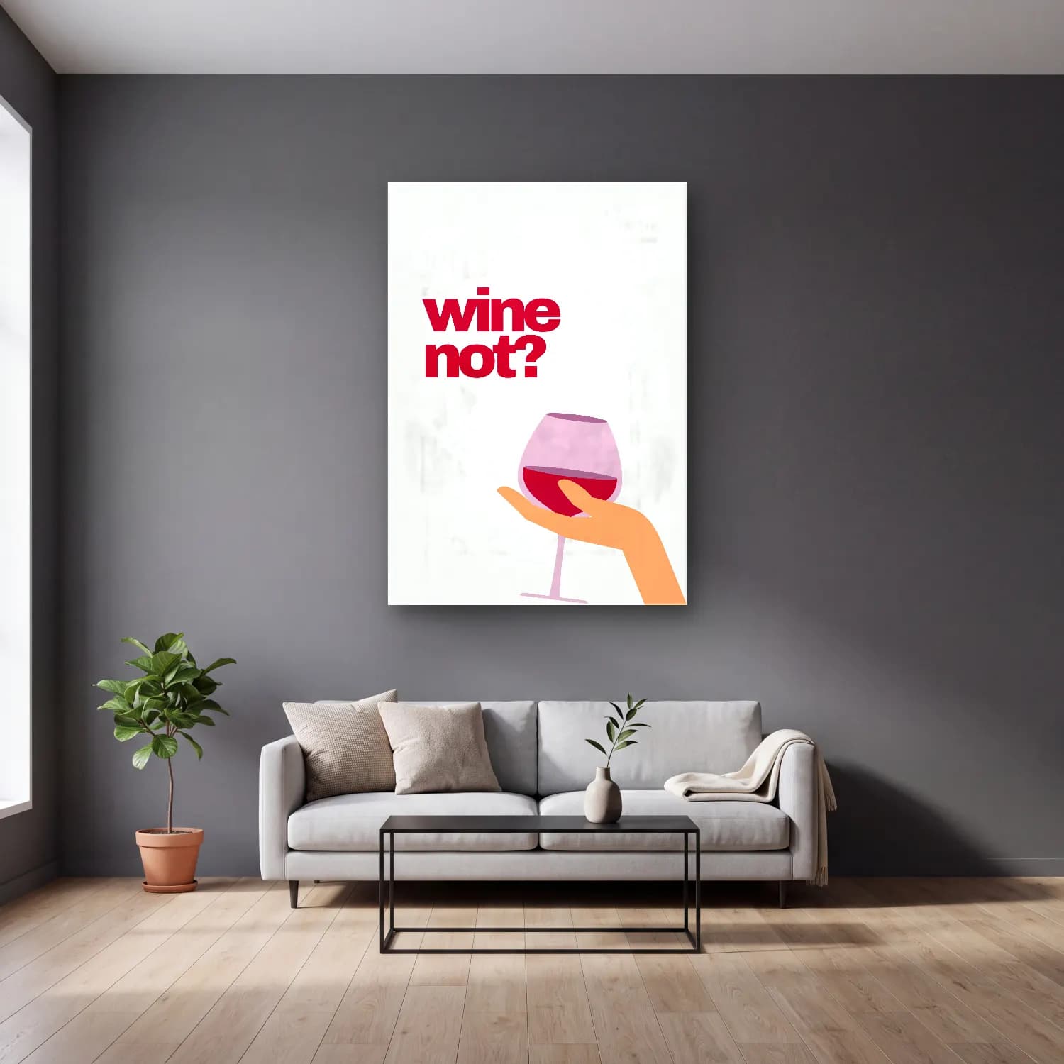 Vintage Poster Kadeh Şarap No. 3 cam tablo — gri duvarlı salonda