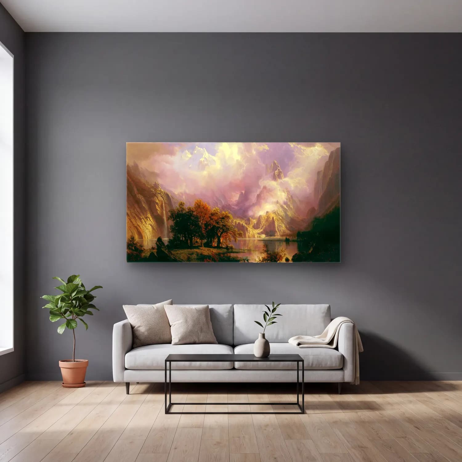Albert Bierstadt – Rocky Mountain Landscape cam tablo — gri duvarlı salonda