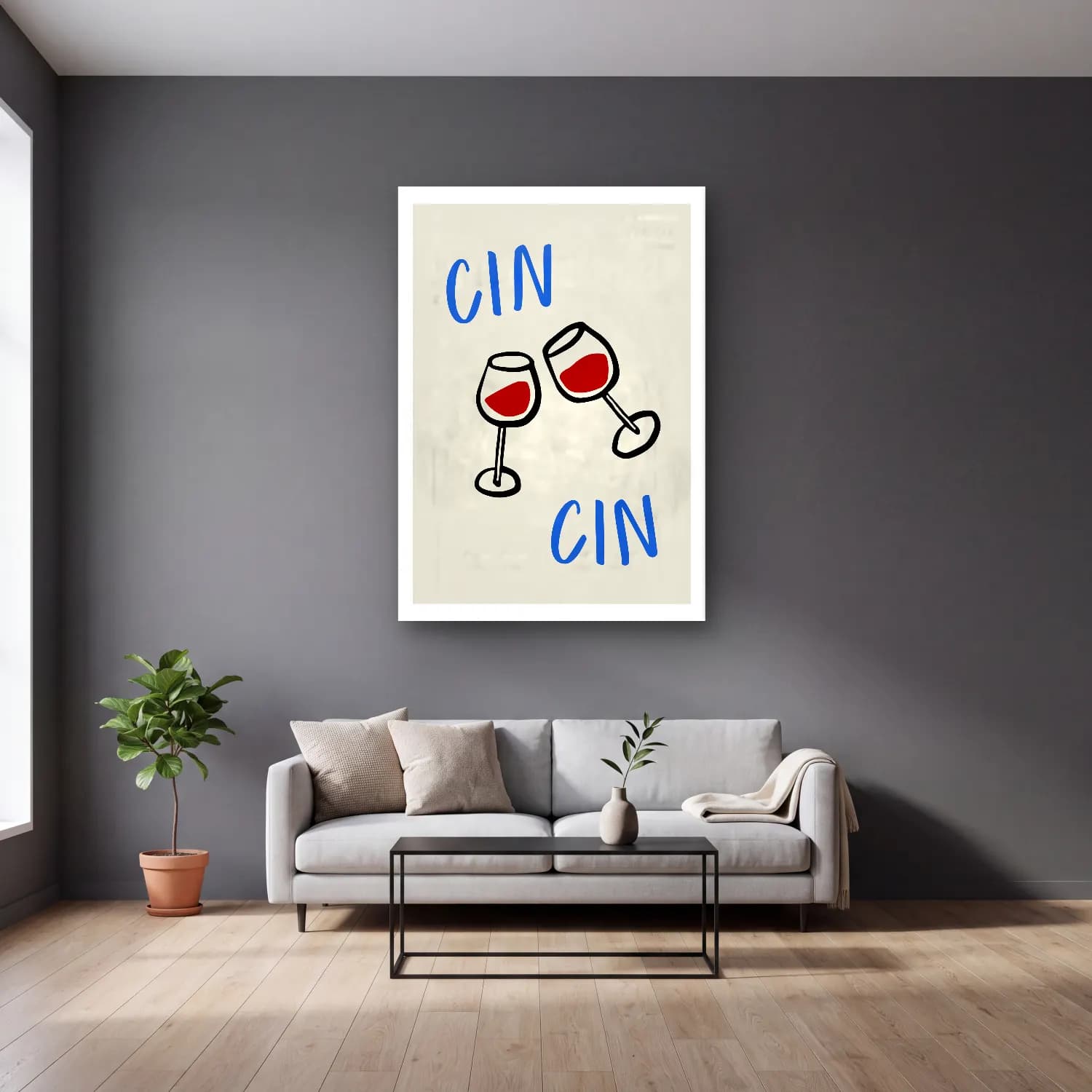 Vintage Poster Kadeh Şarap No. 4 cam tablo — gri duvarlı salonda