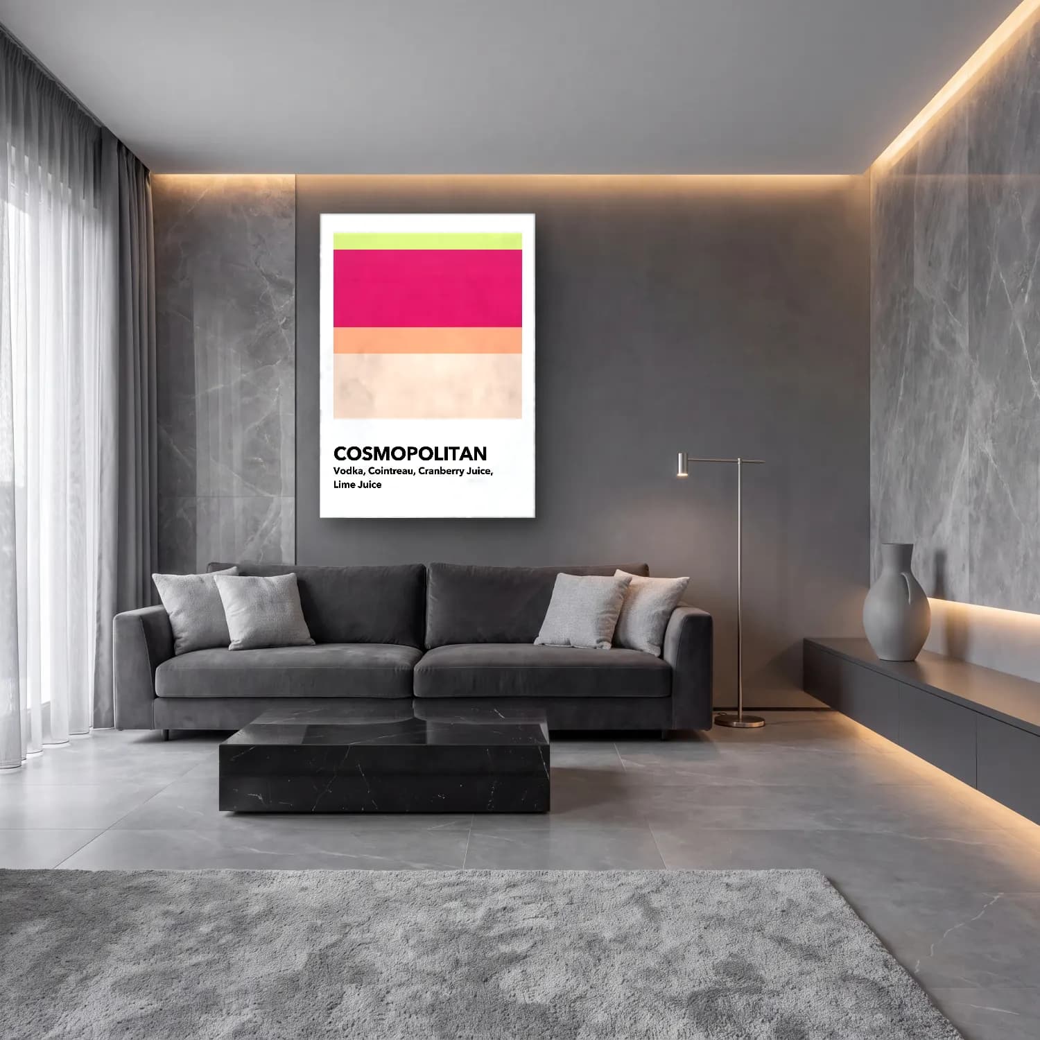 Pastel Kokteyl No. 19 cam tablo — lüks salon duvarında