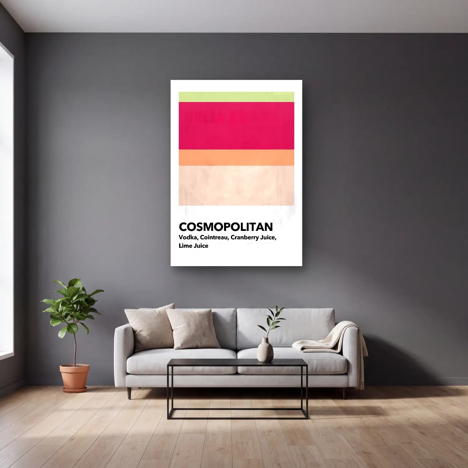 Pastel Kokteyl No. 19 cam tablo — gri duvarlı salonda