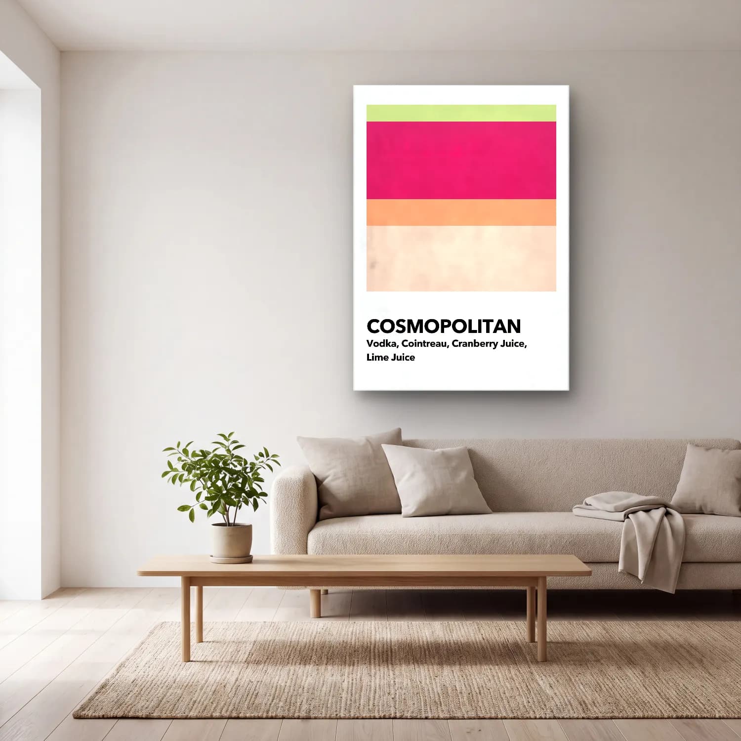 Pastel Kokteyl No. 19 cam tablo — açık renk salonda
